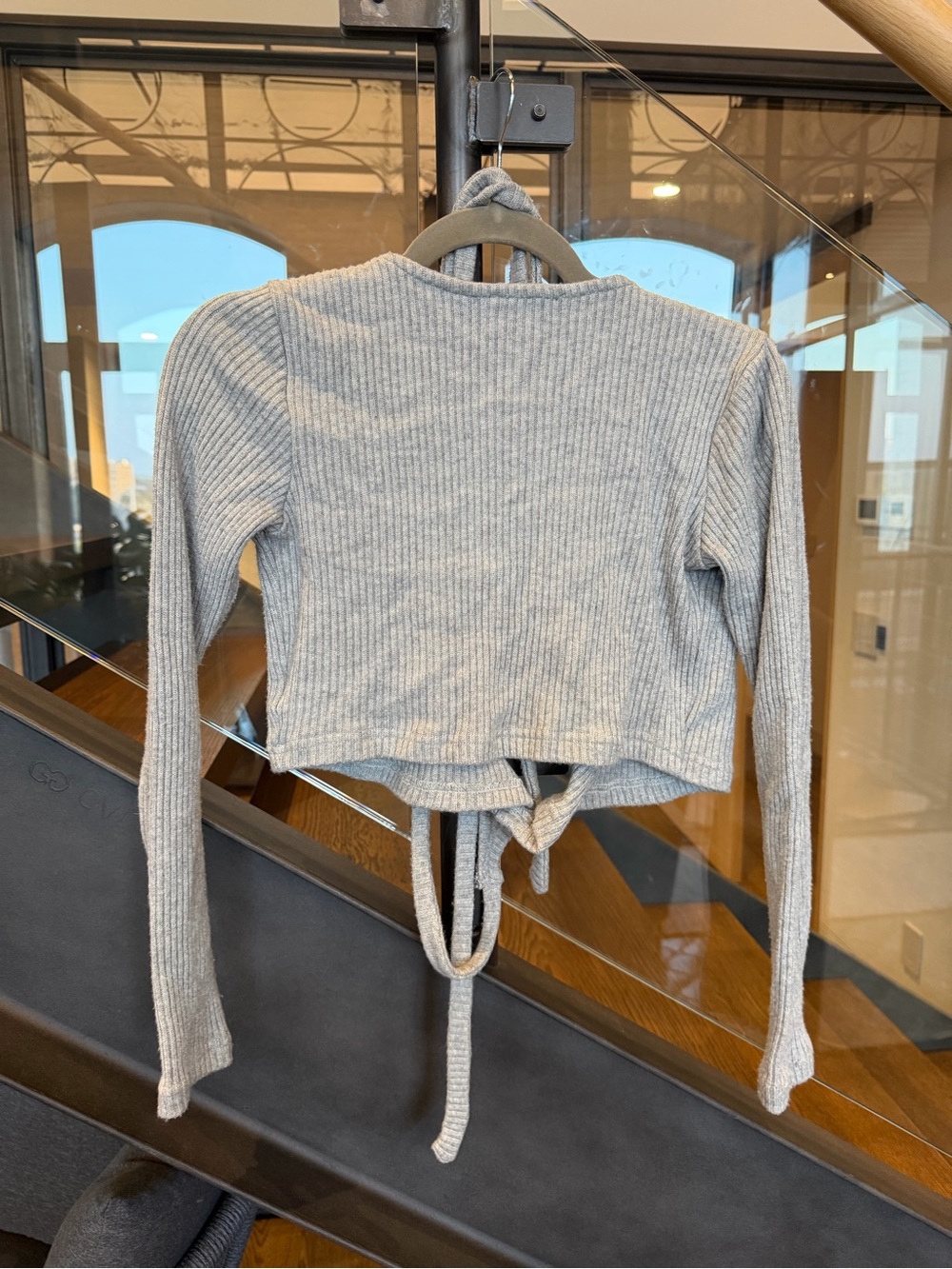 Motel Rocks Light Gray Ribbed Cropped Wrap Top - Picture 4 of 6